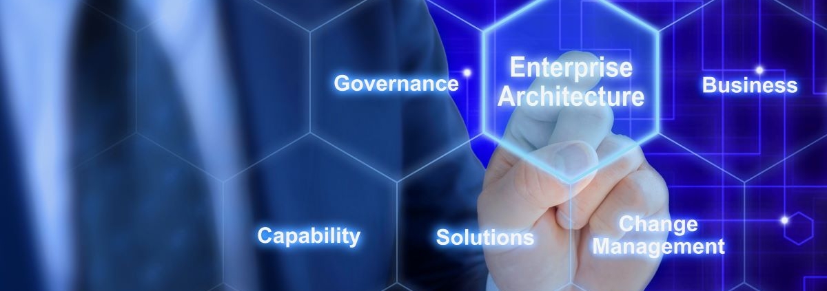 man pointing at enterprise architecture among several topics