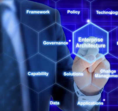 man pointing at enterprise architecture among several topics