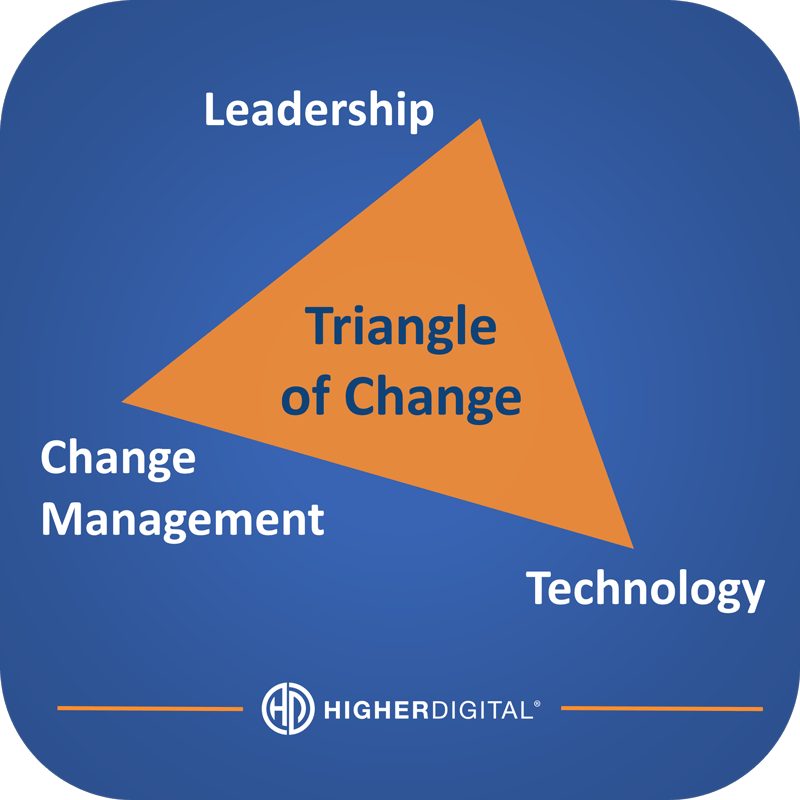 Triangle of Change image in amber, with Leadership, Technology and Change Management at the 3 points, on a blue background. The triangle is rotated slightly to indicate movement and flexibility.