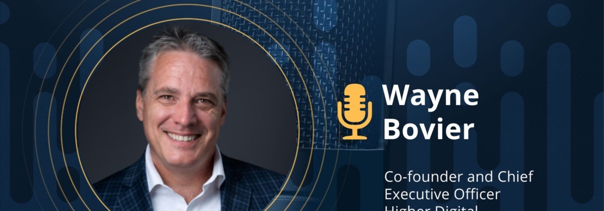 Smiling white male executive near microphone graphic