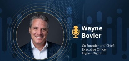 Smiling white male executive near microphone graphic