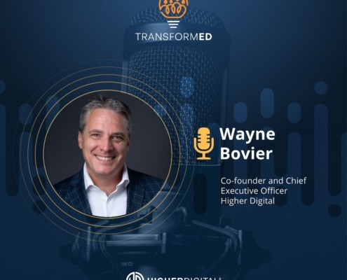 Smiling white male executive near microphone graphic