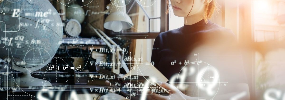 university student surrounded by AI data and equations