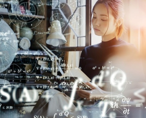 university student surrounded by AI data and equations