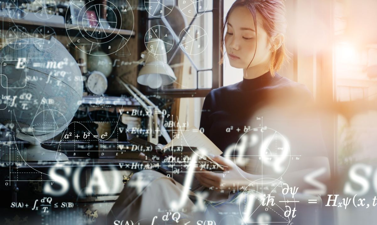 university student surrounded by AI data and equations